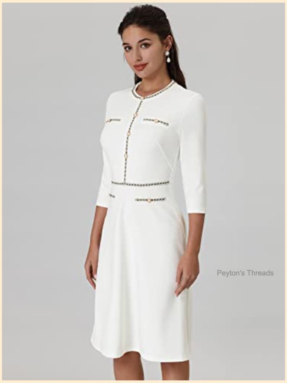 A-Line Tweed Midi Dress with 3/4 Sleeves for Work - Picture 4 of 6